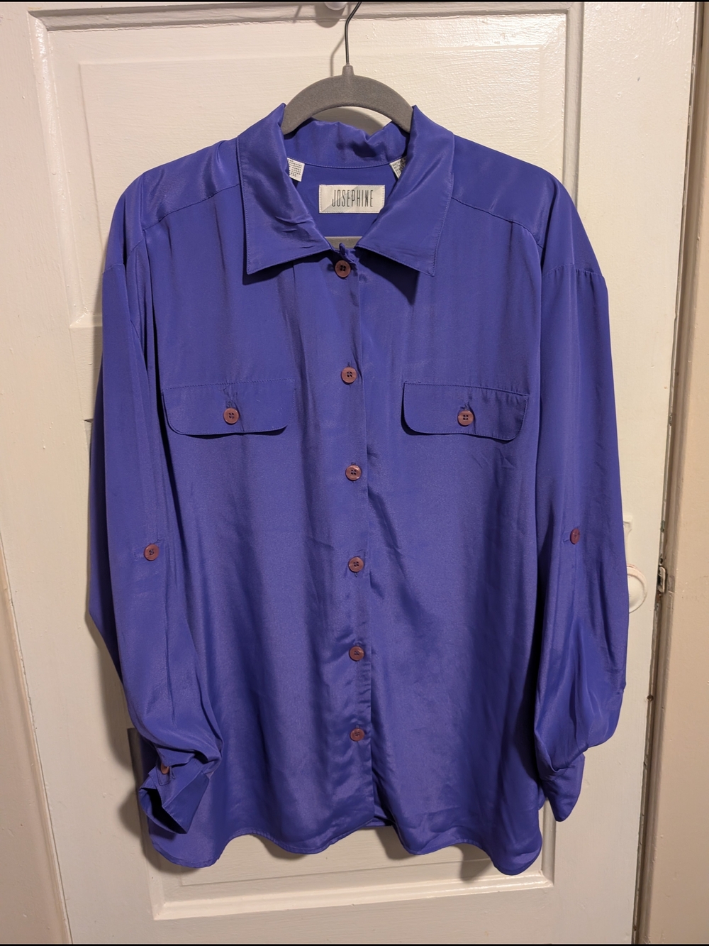 90s Vintage Josephine Button-Down Silky Smooth Polyester Shirt Vivid Periwinkle